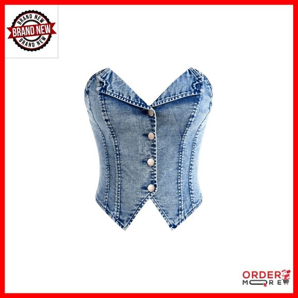 Tops - Denim Button Down Tube Top Y2K Asymmetrical Crop Sweetheart Neck Strapless